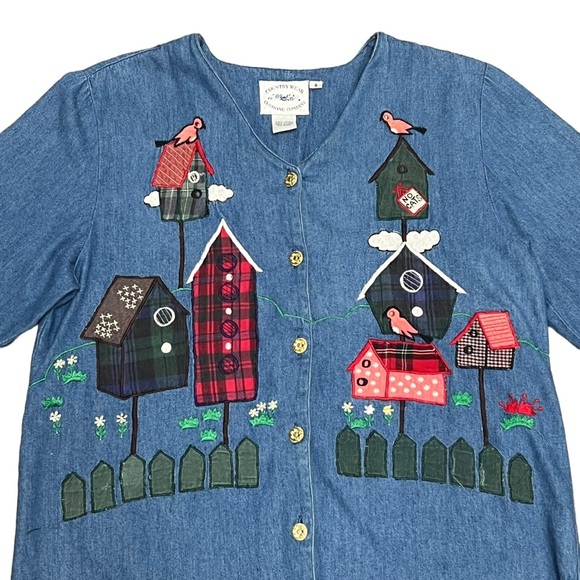 VTG 80s Country Wear Denim Patchwork Butterfly Shirt Size 8 S or M Bird Watcher - Picture 3 of 12
